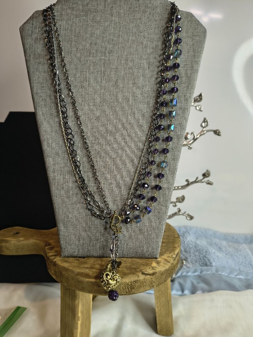 Silver and Gunmetal 4 Stranded Purple Glass Faceted Beaded Necklace